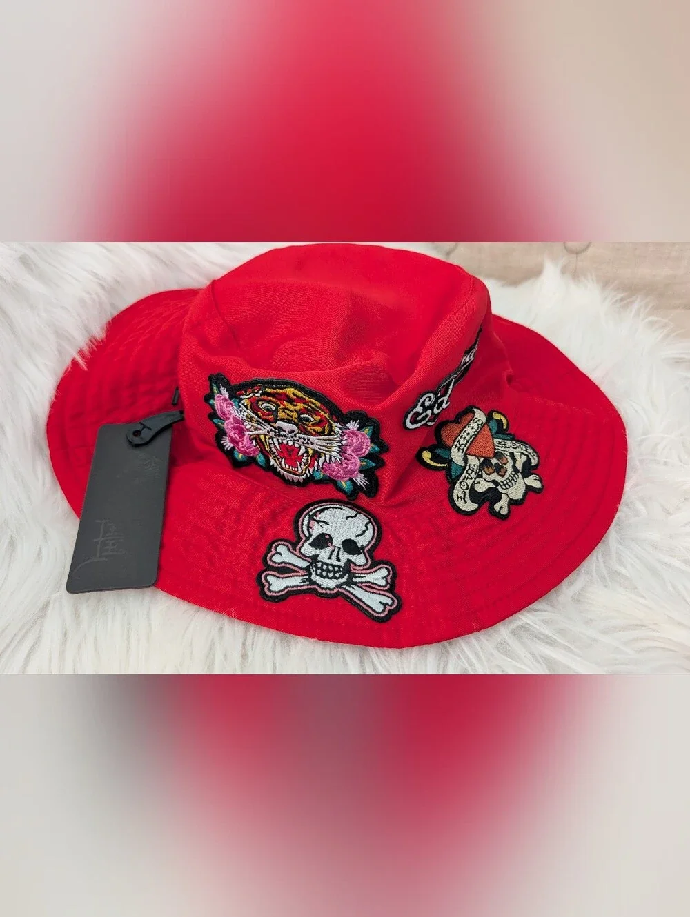 NWT Ed Hardy Red Bucket Hat with Embroidered  Patches Unisex Sz O/S